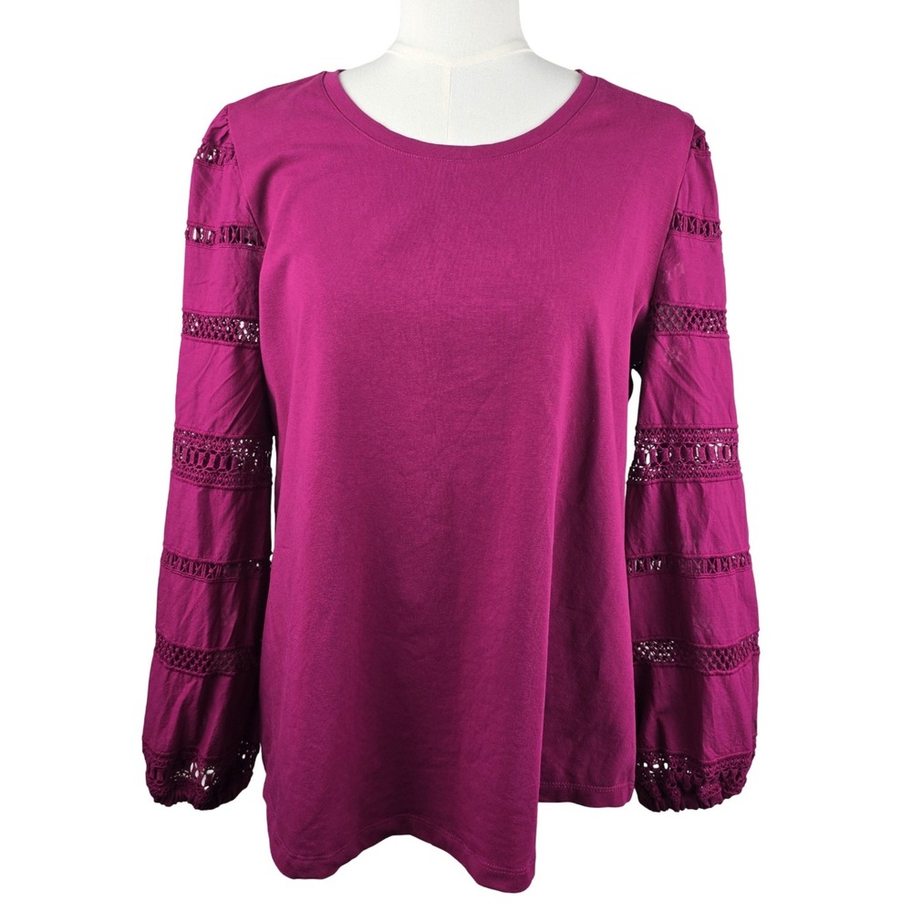 Chico's Crochet Eyelet Lace Puff Sleeve Top Women Size 2 Large Magenta Pink Boho